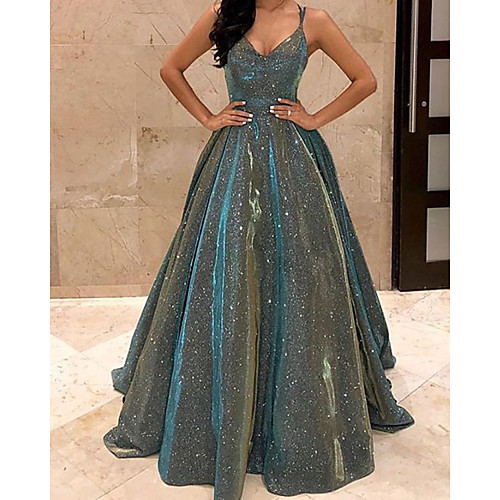 

A-Line Glittering Sexy Engagement Prom Dress V Neck Sleeveless Sweep / Brush Train Satin with Pleats Sequin 2020