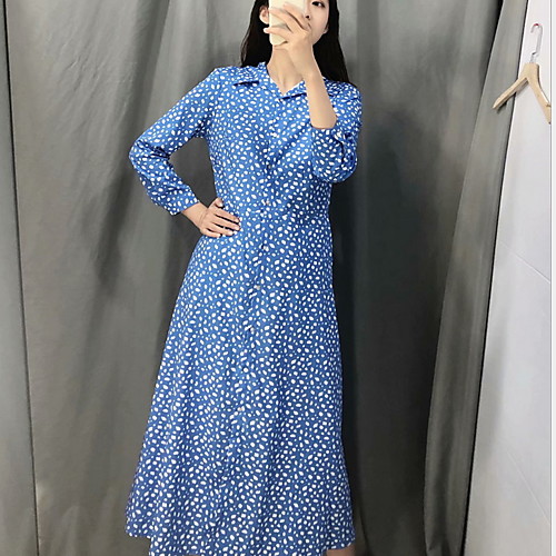 

Women's Maxi A Line Dress - Long Sleeve Polka Dot Shirt Collar Blue XS S M L