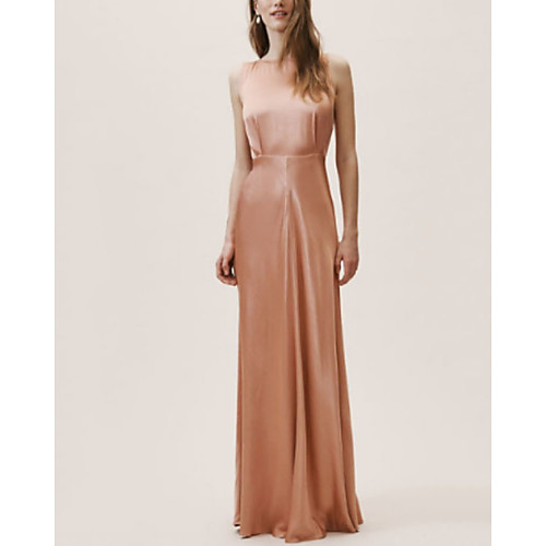 

Sheath / Column Elegant Minimalist Engagement Prom Dress Jewel Neck Sleeveless Floor Length Satin with Sleek 2020