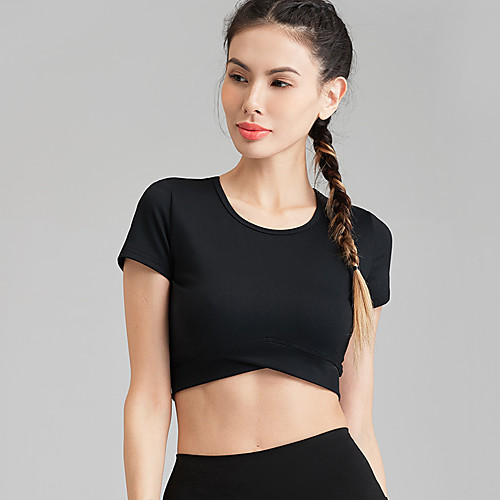 

Women's Crop Top Solid Color White Black Elastane Yoga Running Fitness Top Short Sleeve Sport Activewear Breathable Quick Dry Comfortable Stretchy