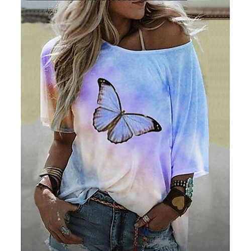 

Women's T shirt Graphic Butterfly Round Neck Tops Basic Top Blue Purple Yellow