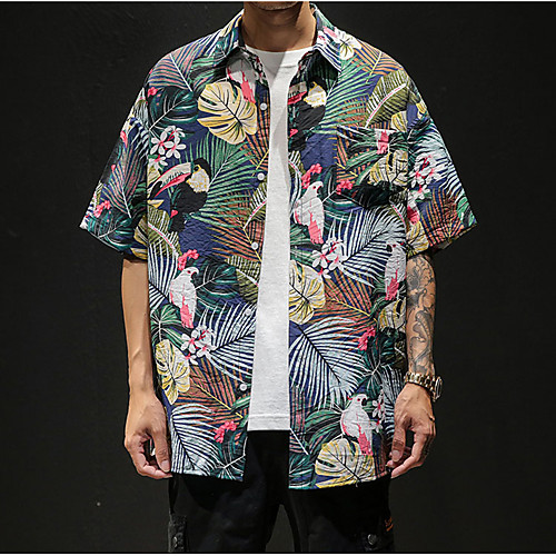 

Men's Plus Size Floral Tropical Leaf Print Oversized Shirt Tropical Going out Beach White / Blue / Yellow / Navy Blue / Rainbow / Short Sleeve