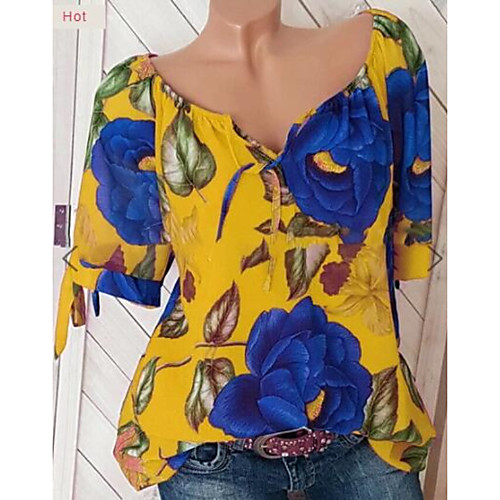 

Women's Tops Plus Size Geometric T-shirt V Neck Daily Summer Black Red Yellow Fuchsia S M L XL 2XL