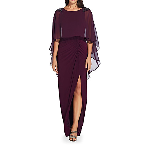 

Sheath / Column Mother of the Bride Dress Elegant Jewel Neck Floor Length Chiffon Half Sleeve with Split Front Ruching 2020
