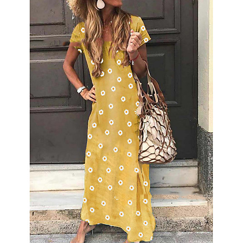 

Women's Shift Dress Maxi long Dress Blue Purple Yellow Gray Short Sleeve Floral Summer V Neck Elegant 2021 S M L XL XXL 3XL 4XL 5XL