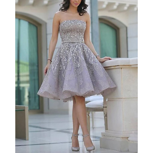 

A-Line Sexy Grey Homecoming Cocktail Party Dress Strapless Sleeveless Short / Mini Satin with Beading 2020