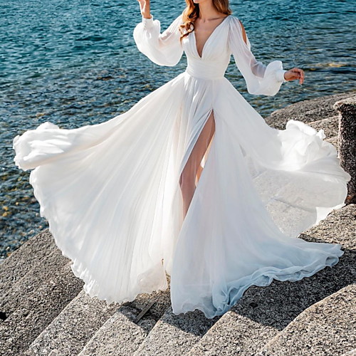

A-Line Wedding Dresses V Neck Sweep / Brush Train Chiffon Over Satin Long Sleeve Simple Beach Sexy See-Through with Split Front 2021