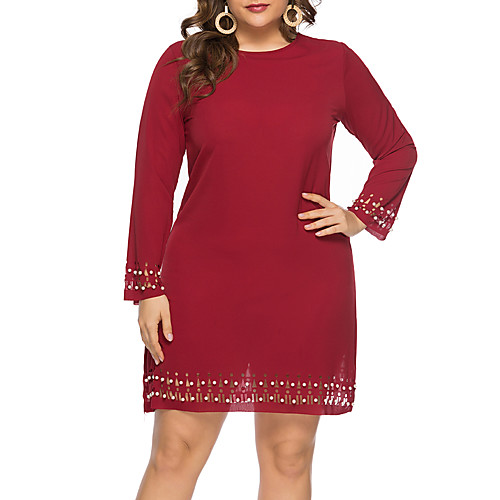 

Women's Plus Size Shift Dress - Long Sleeve Solid Color Summer Fall Casual Elegant Daily Going out 2020 Red L XL XXL XXXL