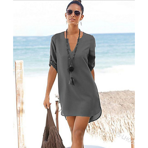 

Women's A Line Dress Short Mini Dress Black Blue Purple Khaki Gray 3/4 Length Sleeve Solid Color Summer V Neck Elegant 2021 S M L XL XXL
