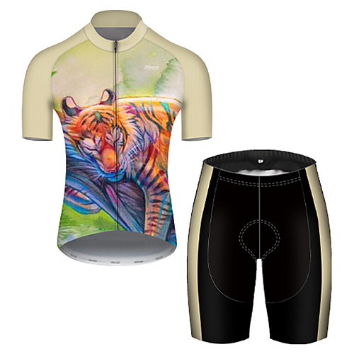 

21Grams Men's Short Sleeve Cycling Jersey with Shorts Polyester Green / Yellow Galaxy Animal Tiger Bike Clothing Suit Breathable Quick Dry Ultraviolet Resistant Reflective Strips Sweat-wicking Sports