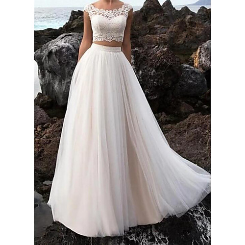

Two Piece Wedding Dresses Jewel Neck Floor Length Lace Tulle Sleeveless Beach Boho Sexy See-Through with Embroidery 2021