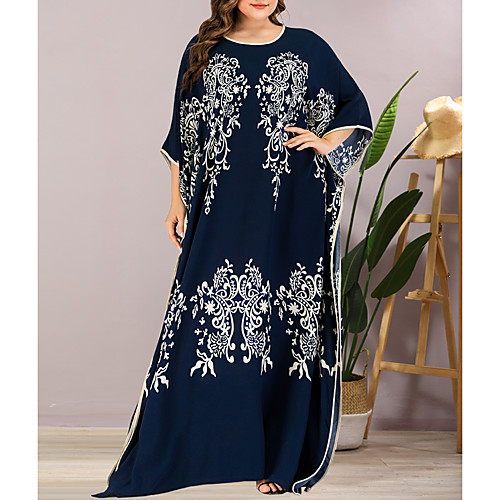 

Women's Plus Size Maxi Shift Dress - Half Sleeve Floral Summer Casual Elegant Daily Going out Batwing Sleeve Loose 2020 Blue One-Size