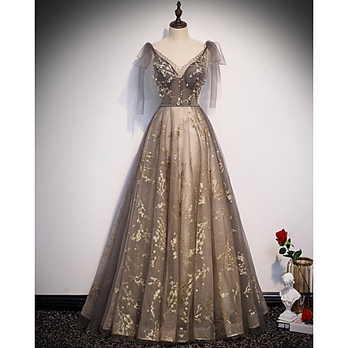 

A-Line Luxurious Grey Engagement Formal Evening Dress V Neck Sleeveless Floor Length Tulle with Crystals Embroidery 2020