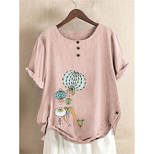 

Women's Blouse Shirt Floral Pattern Flower Button Print Round Neck Tops Cotton Basic Basic Top Blushing Pink Green