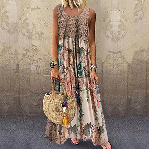 

Women's A-Line Dress Dress - Sleeveless Print Summer Street chic 2020 Beige S M L XL XXL XXXL XXXXL XXXXXL