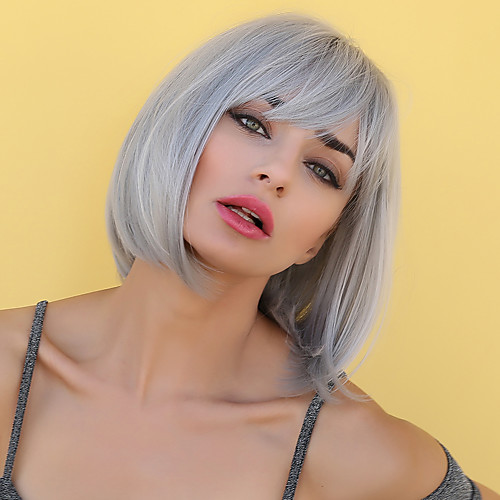 

Synthetic Wig Bangs Straight Natural Straight Side Part Neat Bang With Bangs Wig Short Sliver White Synthetic Hair 12 inch Women's Cosplay Women Synthetic Silver HAIR CUBE / African American Wig