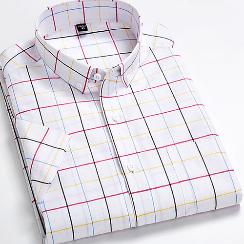 

Men's Plaid Print Shirt - Cotton Daily Button Down Collar White / Short Sleeve