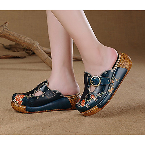 

Women's Sandals Wedge Sandals Flat Sandals Leather Sandals Summer Flat Heel Round Toe Daily Leather Royal Blue