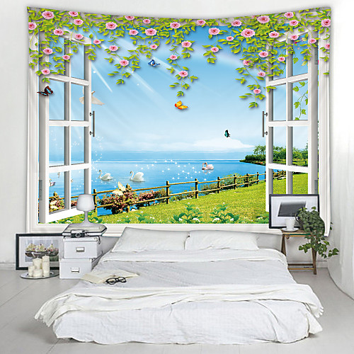 

Window Landscape Wall Tapestry Art Decor Blanket Curtain Picnic Tablecloth Hanging Home Bedroom Living Room Dorm Decoration Polyester Sea Ocean Beach Romantic Flower