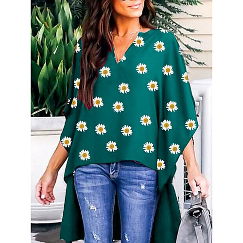 

Women's Floral Daisy T-shirt Daily V Neck Black / Green