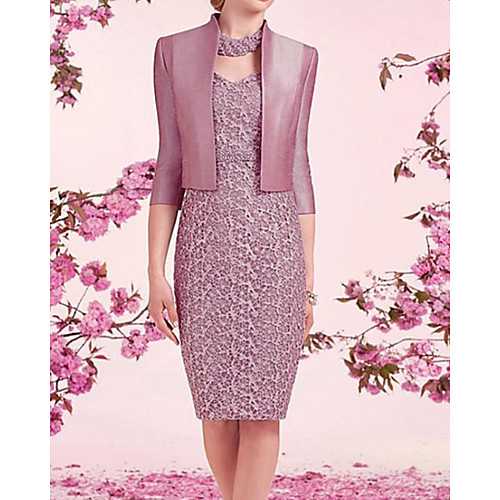 

Two Piece Sheath / Column Mother of the Bride Dress Elegant Illusion Neck Knee Length Lace Taffeta 3/4 Length Sleeve with Embroidery 2020