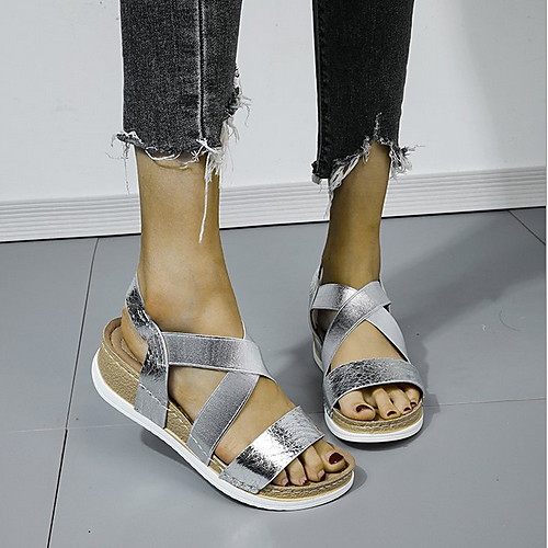 

Women's Sandals Flat Sandal Summer Flat Heel Peep Toe Daily PU Black / Gold / Silver