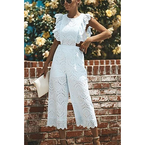 

Women's Basic / Street chic White Jumpsuit Onesie, Solid Colored Ruffle S M L Cotton