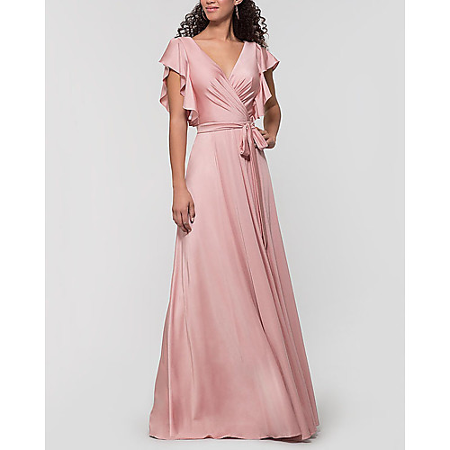 

A-Line V Neck Floor Length Charmeuse Bridesmaid Dress with Pleats