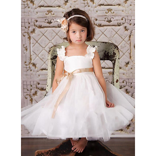 

A-Line Knee Length Wedding / Party Flower Girl Dresses - Satin / Tulle Sleeveless Square Neck with Sash / Ribbon / Tier
