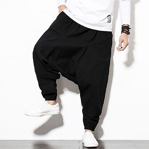 

Men's Chinoiserie Harlem Pants Linen Slim Harem Pants Solid Colored Black Red Navy Blue