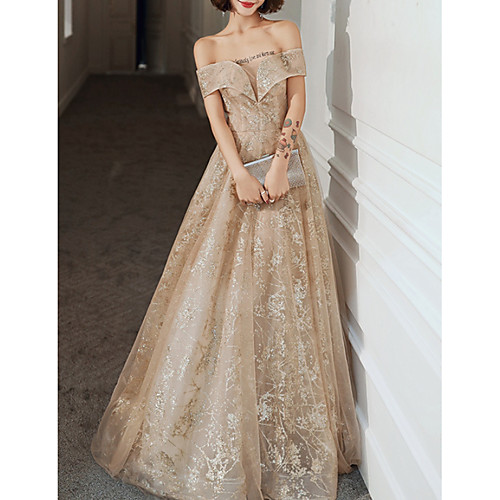 

A-Line Elegant Glittering Engagement Formal Evening Dress Off Shoulder Short Sleeve Floor Length Tulle with Sequin 2020