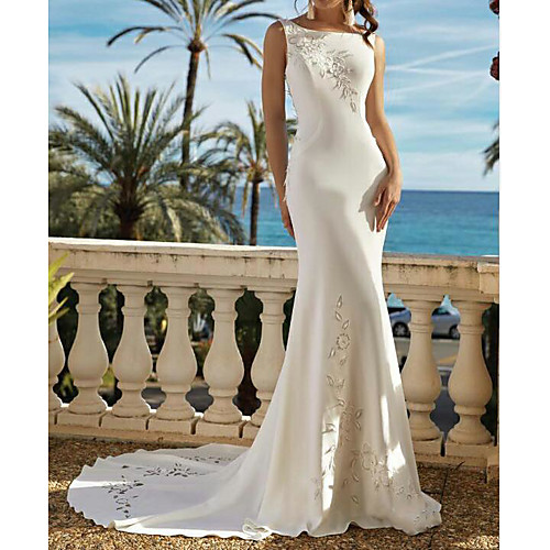 

Mermaid / Trumpet Wedding Dresses Jewel Neck Sweep / Brush Train Satin Sleeveless Romantic Backless with Embroidery 2020