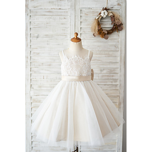 

Ball Gown Knee Length Wedding / Birthday Flower Girl Dresses - Lace / Tulle Sleeveless Spaghetti Strap with Bow(s)