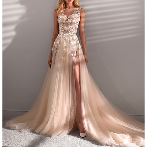 

A-Line Wedding Dresses Jewel Neck Sweep / Brush Train Lace Tulle Sleeveless Sexy See-Through with Embroidery Appliques Split Front 2020