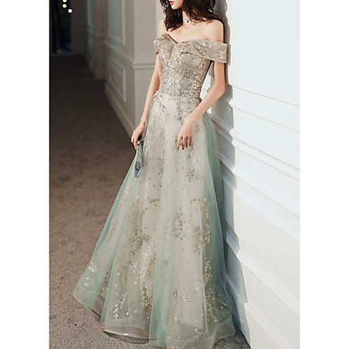 

A-Line Glittering Elegant Engagement Formal Evening Dress Off Shoulder Short Sleeve Floor Length Tulle with Sequin 2021