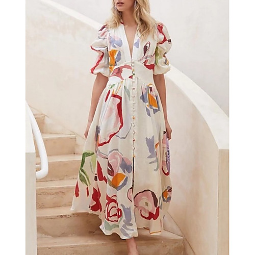 

Women's Maxi long Dress Swing Dress - Half Sleeve Floral Summer Street chic 2020 White S M L XL