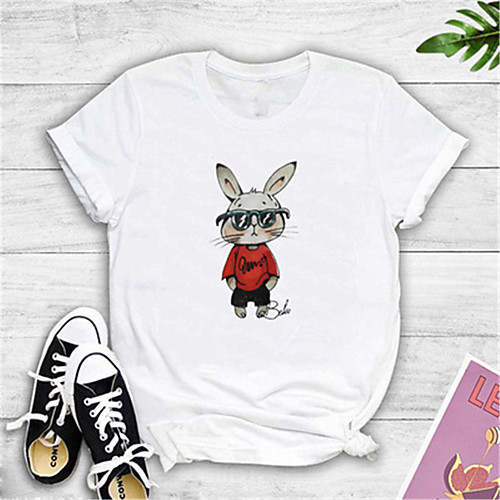 

Women's Cartoon Print Loose T-shirt Basic Daily Going out White / Black / Yellow / Blushing Pink / Gray