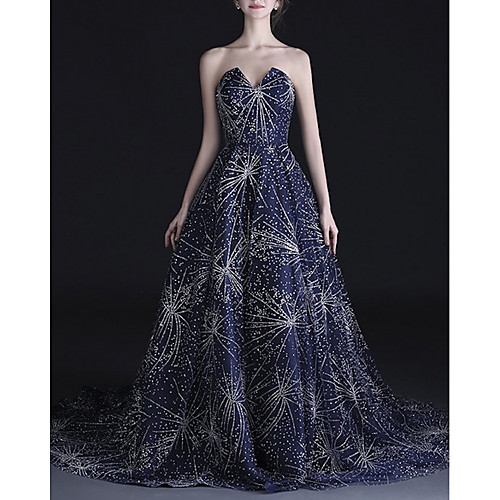 

A-Line Luxurious Blue Engagement Formal Evening Dress Strapless Sleeveless Court Train Tulle with Crystals 2020