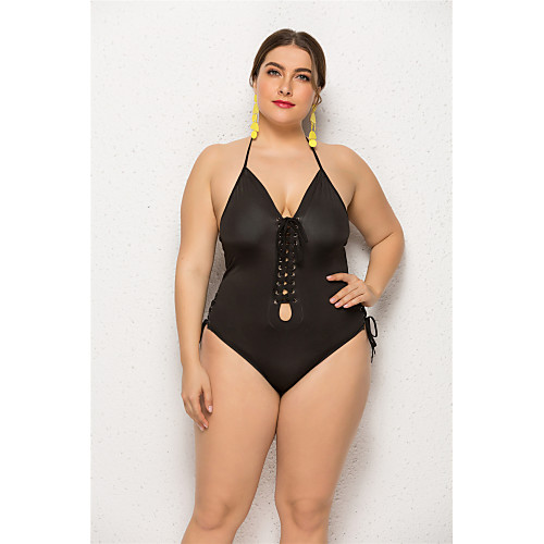 

Women's Basic Black One-piece Swimwear Swimsuit - Solid Colored Lace up XXL XXXL XXXXL Black