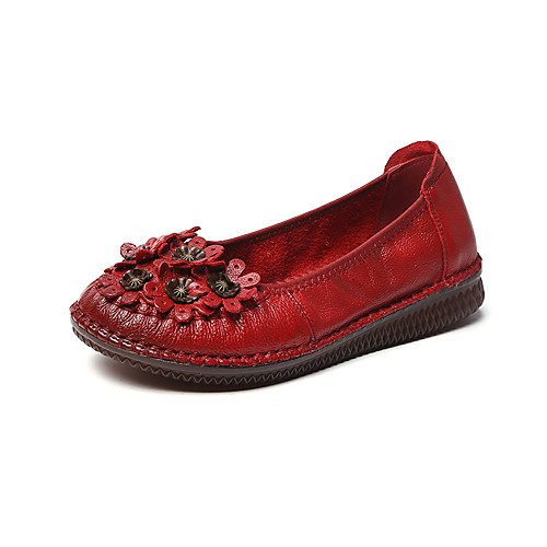 

Women's Flats 2020 Spring / Fall Flat Heel Round Toe Vintage Minimalism Daily Home Pom-pom Leather / Nappa Leather Walking Shoes Dark Red / Black / Champagne
