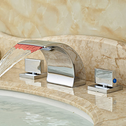 

Bathroom Sink Faucet - LED / Widespread / Waterfall Chrome Deck Mounted Two Handles Three HolesBath Taps
