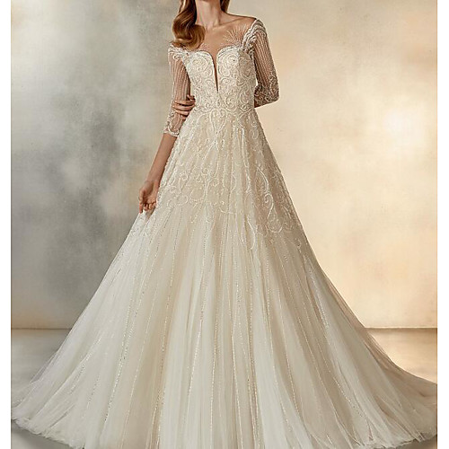 

A-Line Wedding Dresses Jewel Neck Sweep / Brush Train Lace Tulle Half Sleeve Formal See-Through with Crystals Embroidery 2020