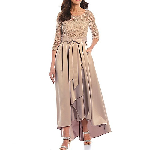 

A-Line Mother of the Bride Dress Elegant Jewel Neck Asymmetrical Lace Satin 3/4 Length Sleeve with Bow(s) Pleats 2021