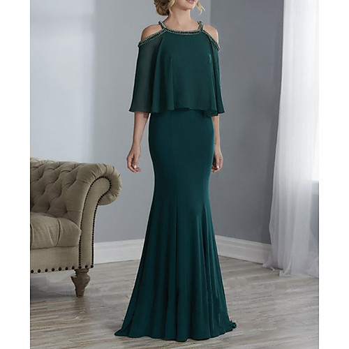 

Mermaid / Trumpet Mother of the Bride Dress Elegant Jewel Neck Floor Length Chiffon Half Sleeve with Pleats Crystals 2021