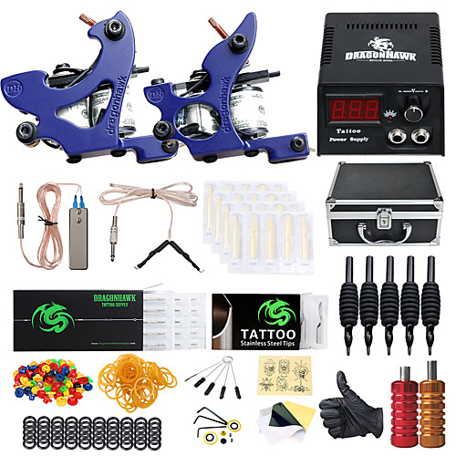 

DRAGONHAWK Professional Tattoo Kit Tattoo Machine - 2 pcs Tattoo Machines LCD power supply 2 cast iron machine liner & shader / Case Included