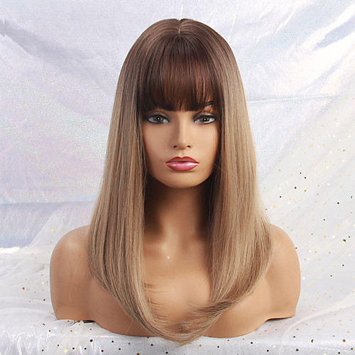 

Synthetic Wig Bangs Matte Natural Straight Minaj Neat Bang Wig Long Light Blonde Synthetic Hair 20 inch Women's Color Gradient Coloring Waterfall Light Brown Ombre