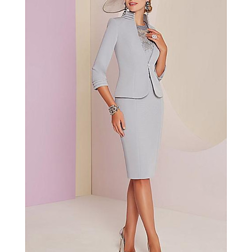 

Two Piece Sheath / Column Mother of the Bride Dress Elegant Jewel Neck Knee Length Satin 3/4 Length Sleeve with Appliques 2020