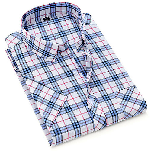 

Men's Plaid Print Shirt - Cotton Daily Button Down Collar Blue / Short Sleeve
