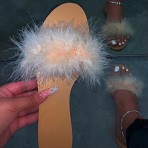 

Women's Slippers & Flip-Flops Fuzzy Slippers Summer Flat Heel Open Toe Daily Feather PU Black / Yellow / Beige