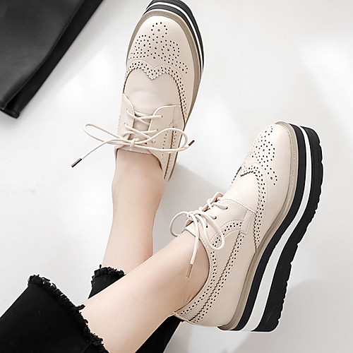 

Women's Oxfords Spring & Summer Wedge Heel Round Toe Daily PU Black / Beige